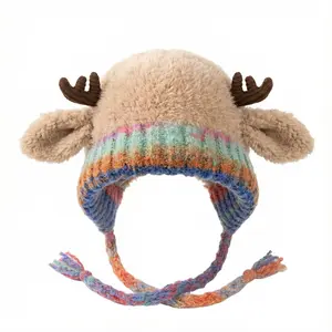JMILYJW Unisex Casual Wool Blend Winter Beanie Hat - Handmade Animals-Themed Reindeer Horn Accessory, Christmas Holiday Wear, 1 Size Fits All (54-58cm)