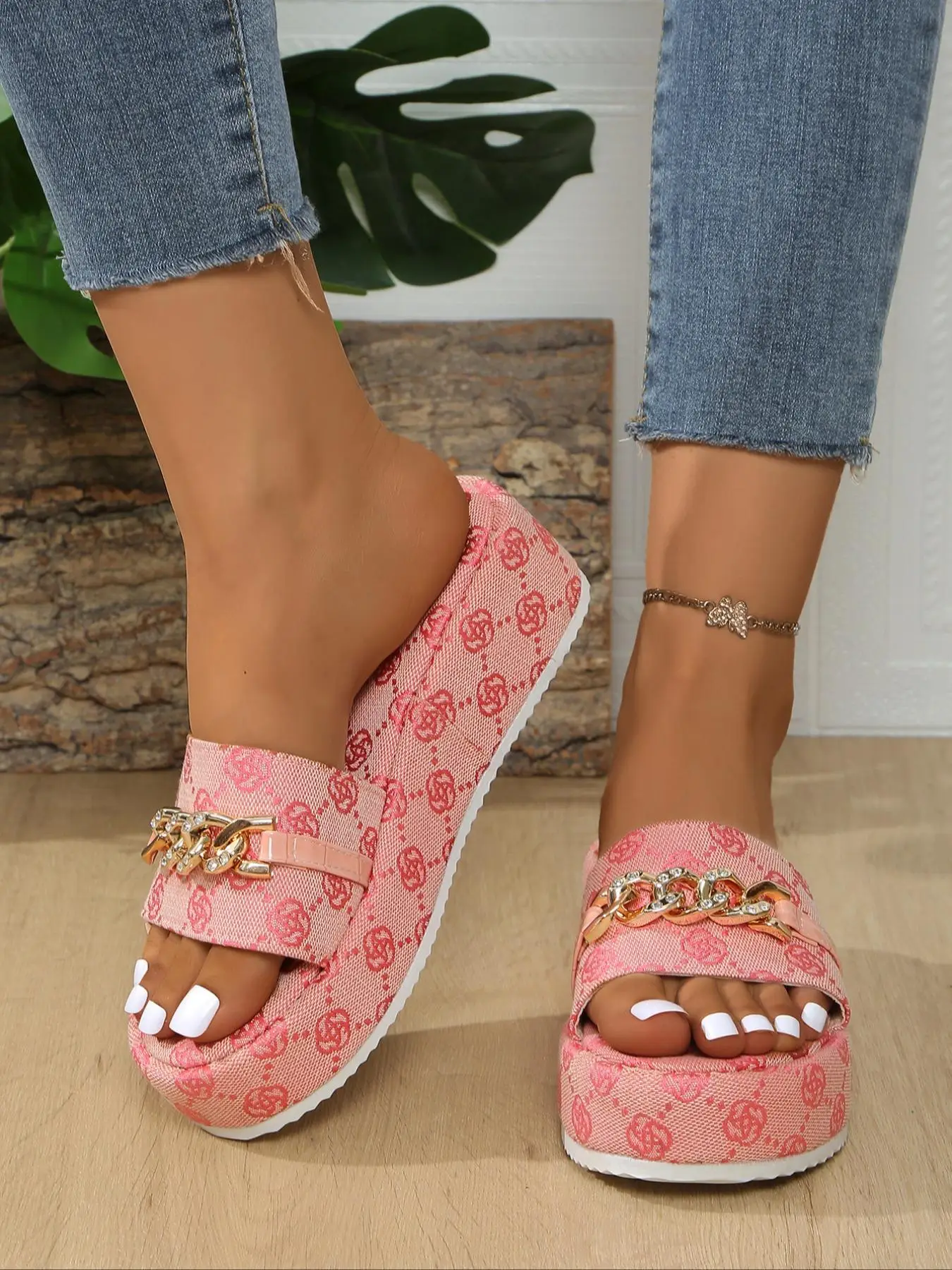 Women's Fashionable Floral Pattern Chain Decor Slippers, Casual Comfortable Platform Slippers for Summer, Female All-match Slippers for Daily Wear
