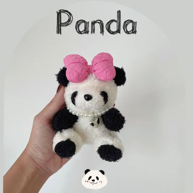 Cute Pink‑Bow Pearl Panda Plush Keychain, Fluffy Black‑White Bear Bag Pendant with Heart‑Charm Necklace, Kawaii Girly‑Style Animal Accessory