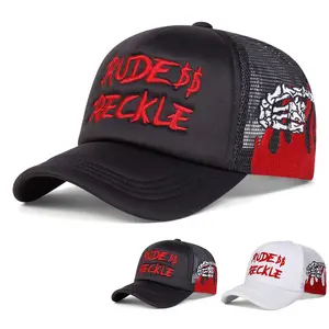 Unisex Letter Side Skulls Finger Embroidered Baseball Cap Mesh Hat Outdoor Adjustable Sunscreen Leisure Hat Travel Tourism Beach Vacation