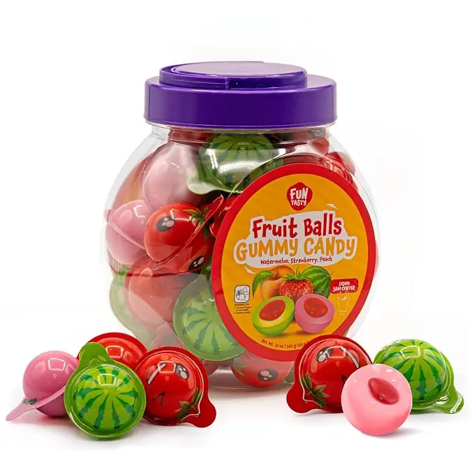 Gelatin-Based Chewy Gummy Candy Balls - Jelly-Filled Candy Snack, 30 Pieces of Gummies, 19oz Jar, Mixed Fruity Flavor (Watermelon, Strawberry, Peach) for Goodie Bags, Sweets