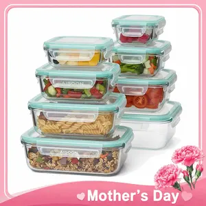 [Mother's Day Gift] 8 Pack Borosilicate Glass Food Storage Containers (8 Containers+1 Utensil) Stackable Airtight BPA Free Oven/Microwave/Freezer/Dishwasher Safe