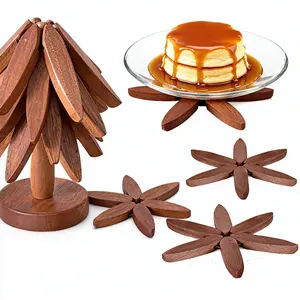 Wooden Trivets for Hot Dishes, Tree Shape Trivet Set, 4 Walnut Wood + 1 Stand stored Like a Christmas Tree,Foldable Kitchen Wooden Trivet,for Hot Dishes、Pot、Bowl、Teapot、Hot Pot Holder(Walnut Wood)