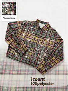 Men's Vintage Checked Plaid Long Sleeve Shirt Jacket, Rhinestone Spider Web Design, Casual Stylish Classic Fitted Fall & Winter Gift, Unisex Style