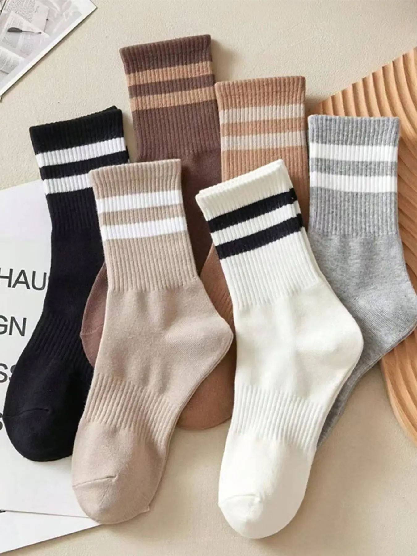 6 Pairs Multicolor Mixed Striped Casual Mid-Calf Socks, Comfortable Breathable Activewear Athletic Sports Socks for Men and Women, Unisex, All Seasons