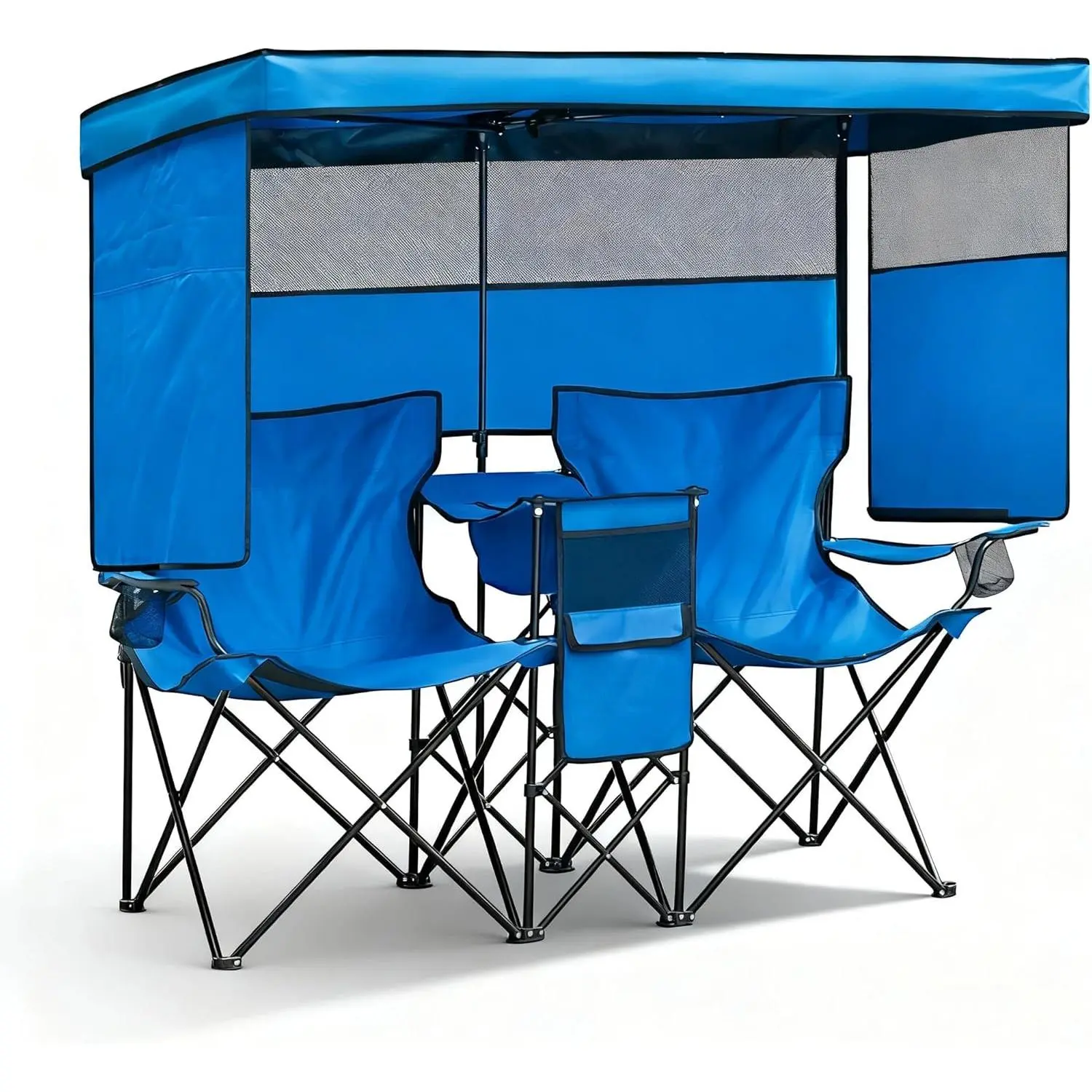 Double Beach Chair with Canopy Shade  Camping Chairs with Cooler Bag&Cup Holders Folding Loveseat for Outside Lawn Camping