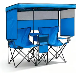 Double Beach Chair with Canopy Shade  Camping Chairs with Cooler Bag&Cup Holders Folding Loveseat for Outside Lawn Camping