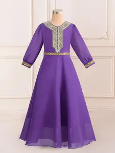 7-12Y Dark Purple 81 Kids Clothes Flower Muslim Girls Princess Long Embroidery Ball Gown Frock Children Formal Evening Party Banquet Pageant Prom Host Cocktail Dress