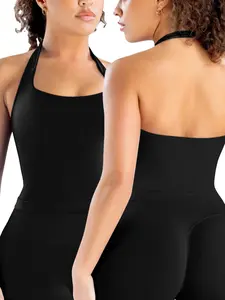Women's Padded Halter Tank Top - U-Neck, Backless, Longline, Fixed Straps, Gym Workout Sports Vest