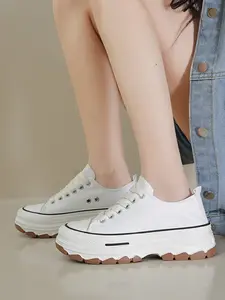 Women's Black & White Platform Canvas Sneakers 5CM Height Increasing Chunky Sole Non Slip Lace Up Casual Walking Shoes Footwear Soled Shoes