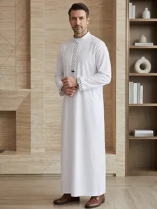 Islamic Traditional Men's Stand Collar Embroidered Robe, Classic Loose-Fit H-Type, Perfect for Eid Al-Adha & Gift Giving