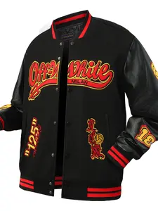 2026 New Men's black #OW Letter Patchwork Leather Baseball Collar Bomber Jacket Fashion High-End Embroidered Button-Up Casual Outdoor Coat Loose Casual Sporty Long Sleeve Varsity Jacket for Fall & Winter Outerwear for Daily Wear