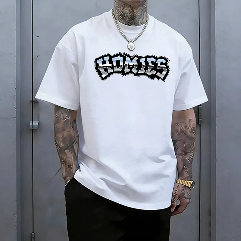 Metal chrome graffiti “Homies” men’s short-sleeve T-shirt — street-friendly short phrases, loose oversized fit, heavyweight crew neck; American casual, versatile menswear