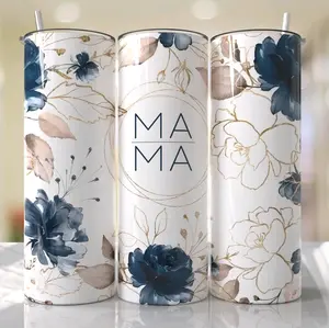 Mama Floral • 20oz Tumbler Stainless Steel Cup Sublimation Rose Gold Blue Drinkware