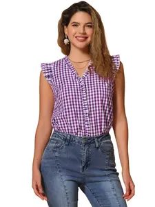 INSPIRE CHIC Ruffle Shirt V Neck Cap Sleeve Casual Cotton Plaid Gingham Blouse
