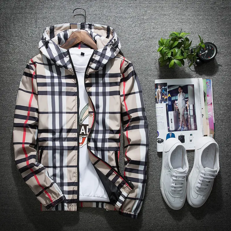 Men's Elegant Classic Checked Long Sleeve Hooded Jacket - Menswear Lightweight Spring/Autumn British-Style Zip-Up Outerwear, Stylish Versatile Casual Outdoor Back-to-School Shopping Top