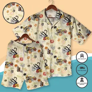 Retro Skull Surf Van Hawaiian Shirt Shorts Set Men Women Matching Hibiscus Palm Tree Aloha Beach Outfit Summer Vacation Surfboard Floral Loose Comfy 2 Piece