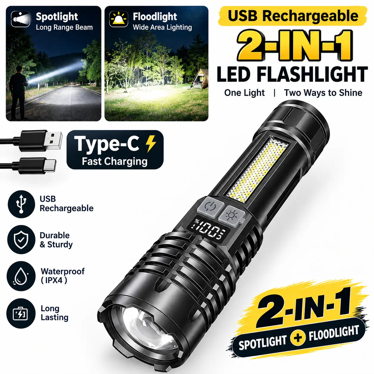 Rechargeable LED Flashlights , High Lumen Ultra Bright LED Lights with 5-Mode Zoom & LCD Digital Display, Durable ABS Plastic Handheld Off Grid Supplies for Outdoor Camping Emergencies, Cool Gadgets for Adults Cool Outdoor Stuff