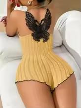 Women's Suspenders Lace Trim And Bow Design Pajamas Sleeveless V-Neck Pajamas Set Sleepwear Suit Sexy Solid Home Clothes Summer Womenswear