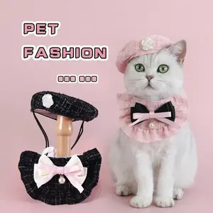 Pet Cat Knitted Hat Set Princess Fragrant Beret Pearl Bow Flower Dog Hats Paddle Set for Teddy Bear Puppy Cat Party Dress Up