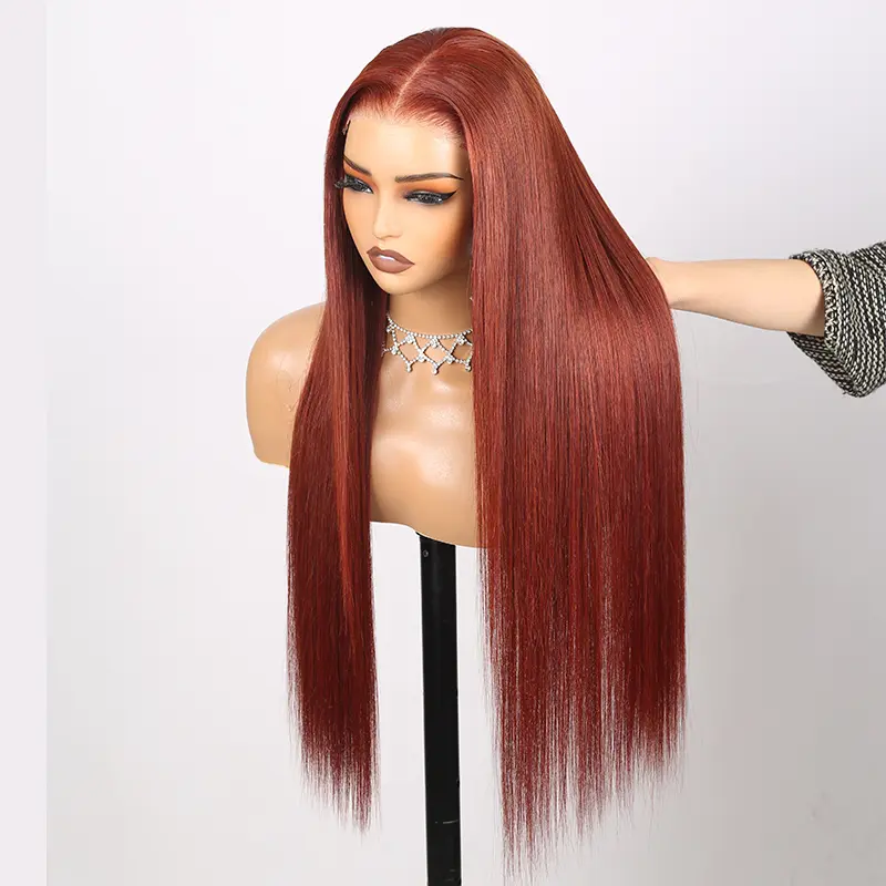 Megalook 13x6 Glueless Lace Front Human Hair Wig, Silky Straight in #33 Auburn Brown, Pre-Cut & Pre-Plucked with Bleached Knots for a Natural Hairline, Smooth with Secure Drawstring Fit, Human Hair Wigs, Female, 320°F Heat Resistant