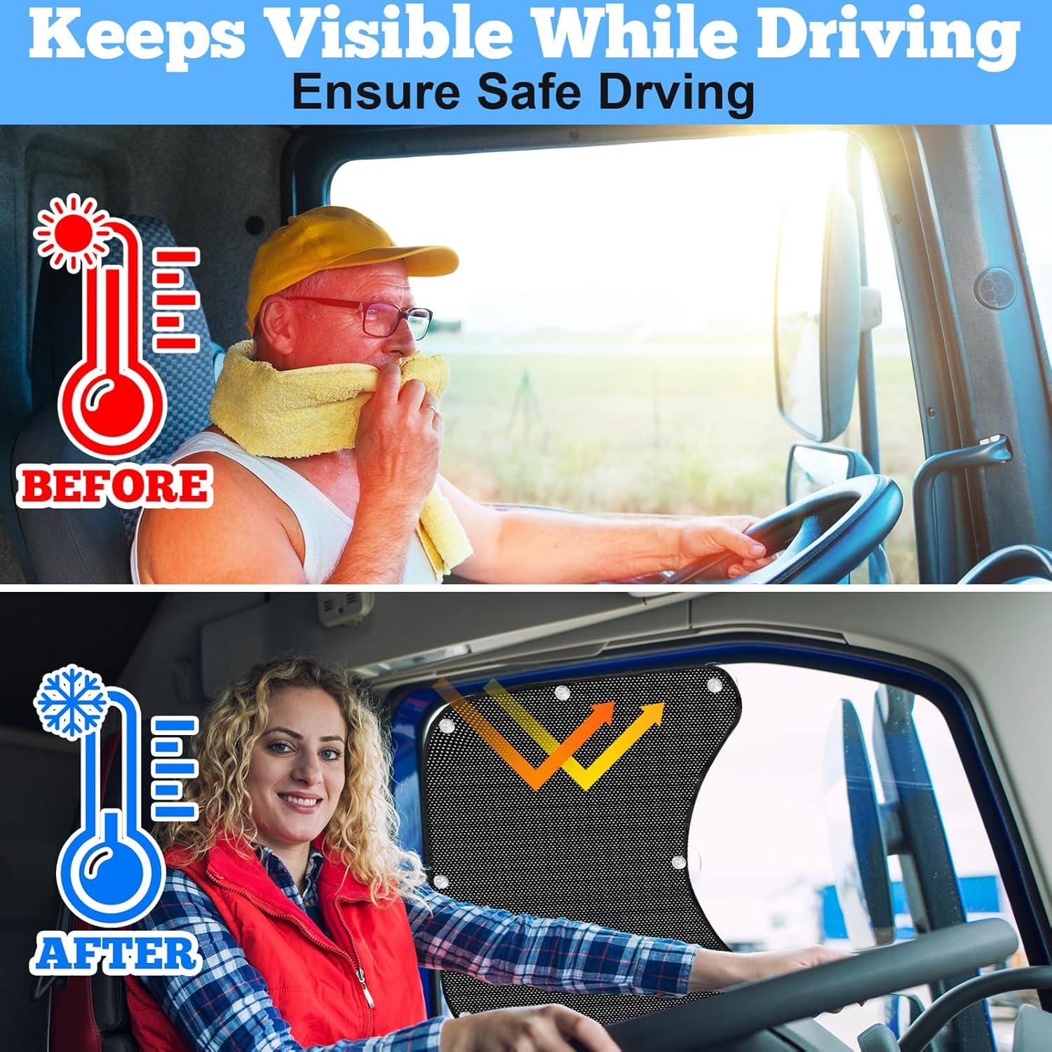 2Pcs Semi Trucks Window Shades, Side Window Sunshade for Truck with Suction Cups, 20"x23" for Volvo VNL, International Trucks, Freightliner Semi-Trailer Sunshade Accessories