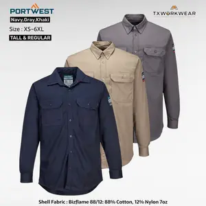 Portwest FR89 Navy Plain Fire Resistant Safety Work Shirt, FR Bizflame 88/12, ASTM NFPA Certified - Men's Workwear Uniforms