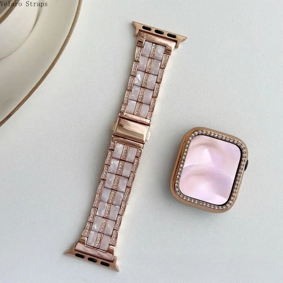 Women's 2-in-1 Value Set Smartwatch Band & Case, Luxury Diamond-Encrusted Resin+Metal Strap with Sparkle Drop Protection Bumper, Multi-Size Wearable Accessory for 38-49mm Smartwatches, Durable, Smartwatch Strap, Gemstone