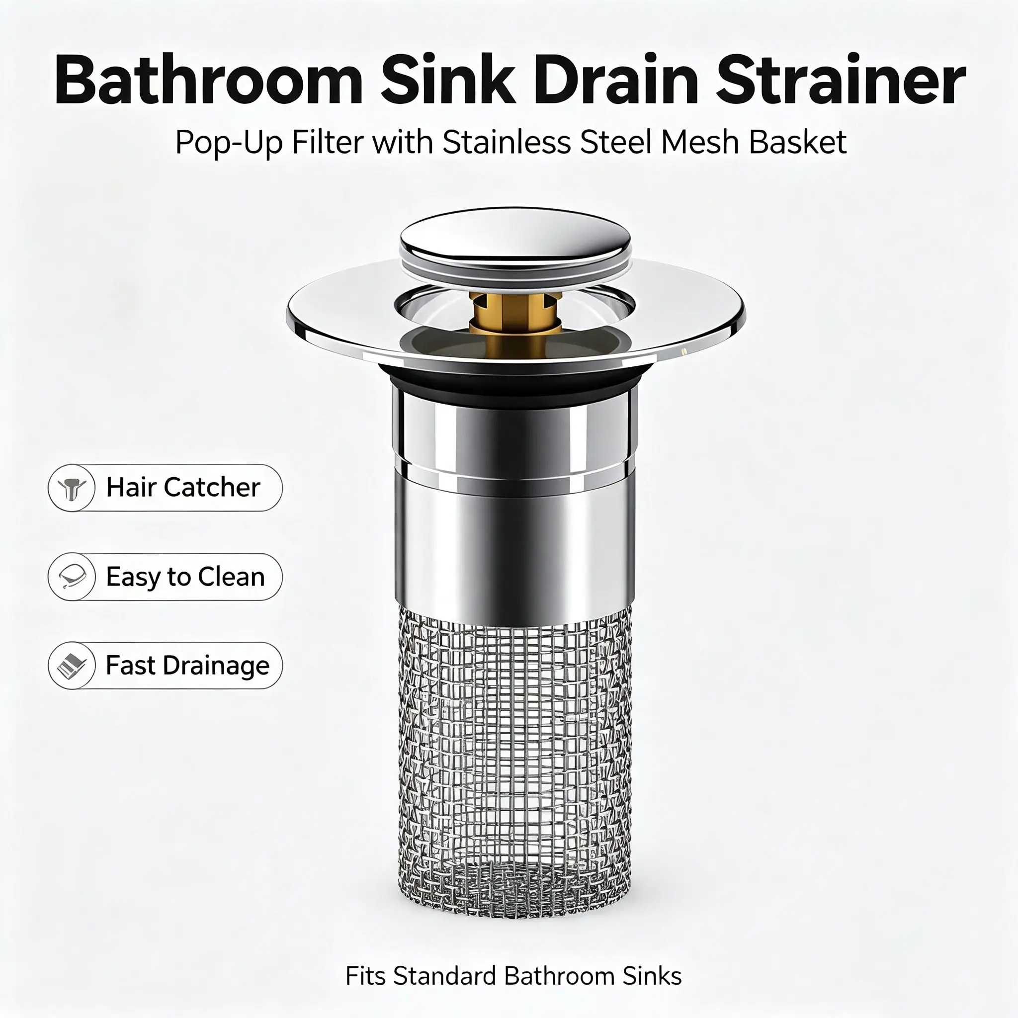 Bathroom Sink Drain Strainer Pop-Up Filter - Stainless Steel Mesh Basket Hair Catcher, Easy to Clean, Fast Drainage, Fits Standard Sinks