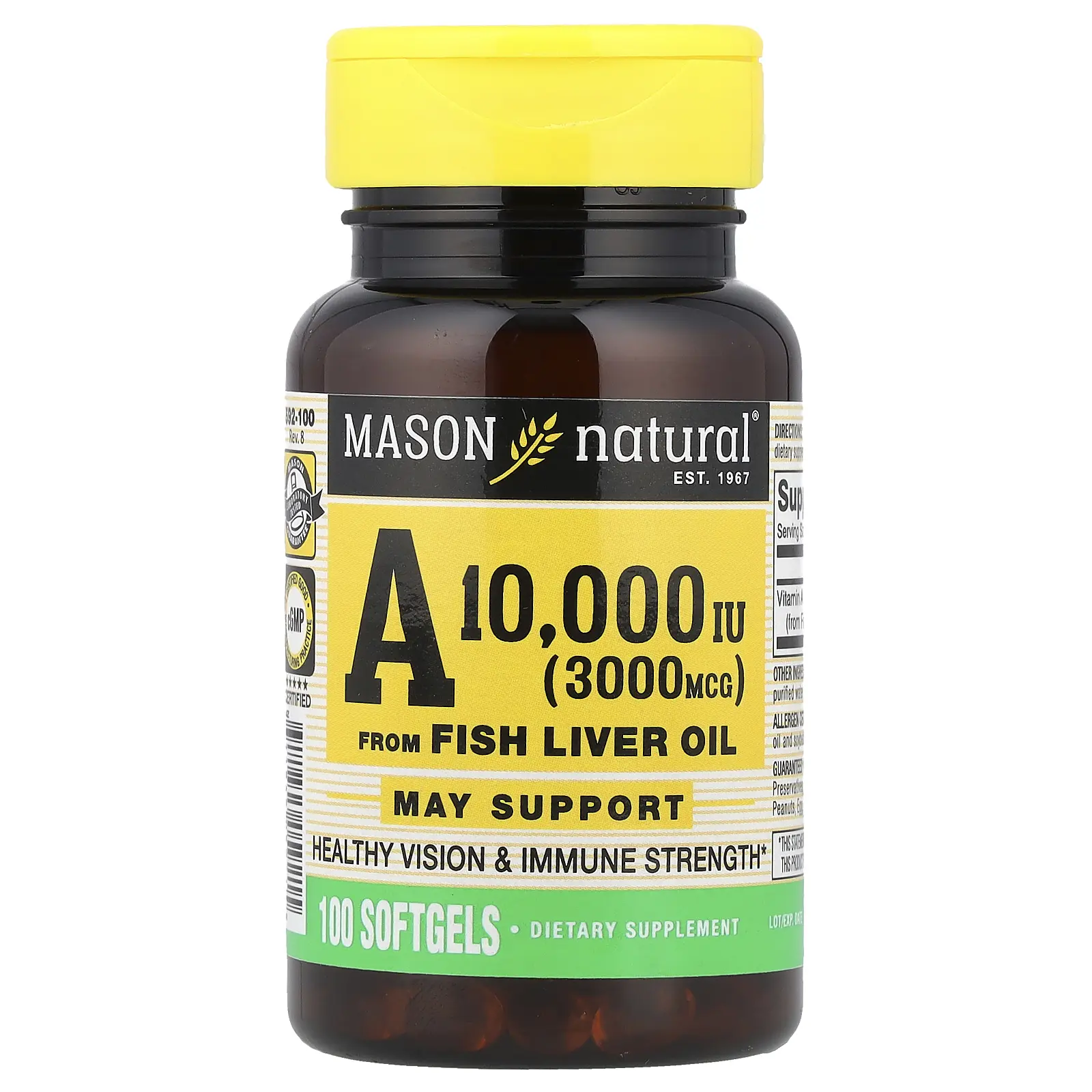 Mason Natural Vitamin A from Fish Liver Oil, 3,000 mcg (10,000 IU), 100 Softgels