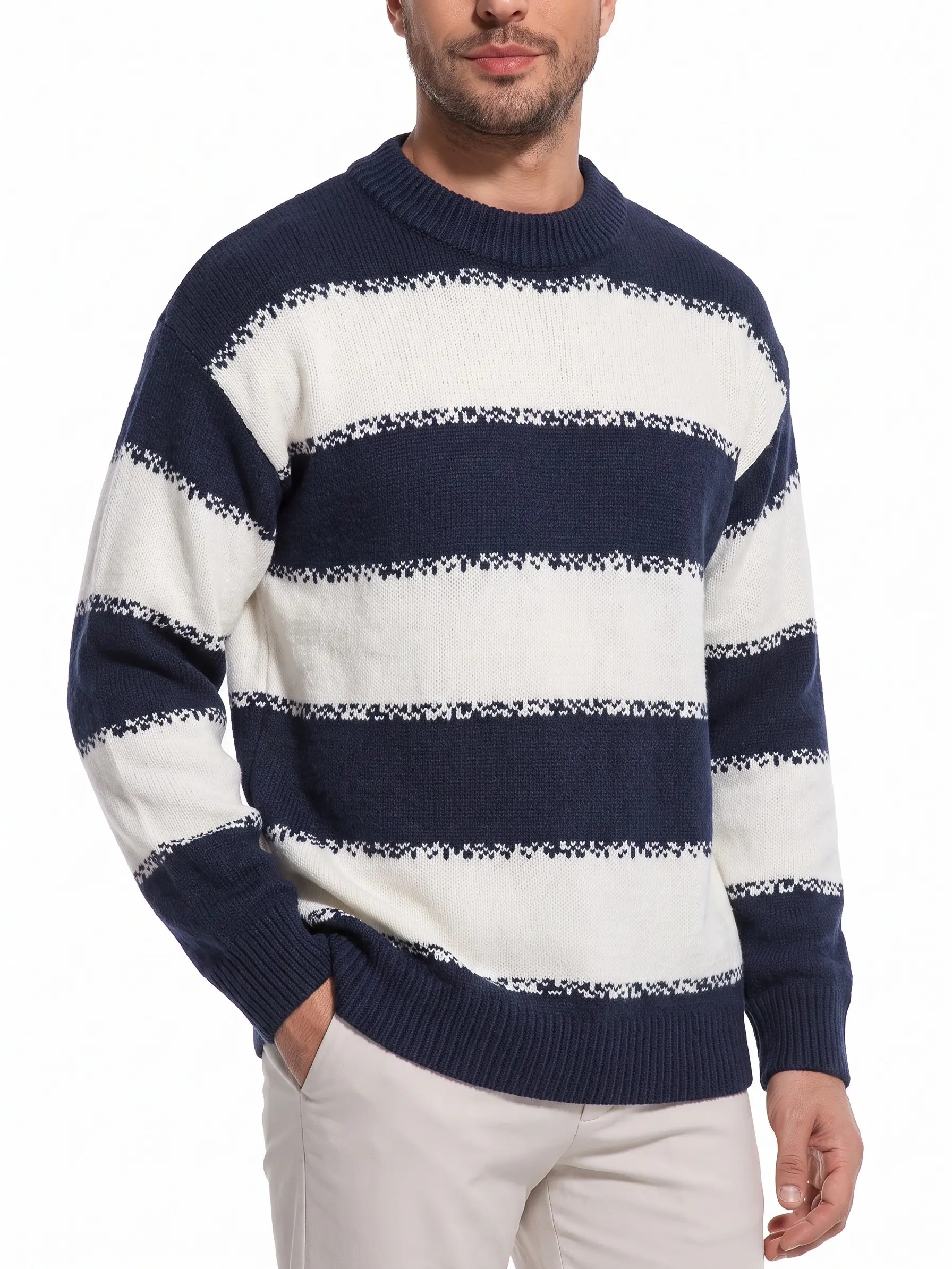Men’s Striped Crewneck Knit Pullover, Navy Blue-White Color Block Full Sleeve Medium Length Sweater for Casual Streetwear Fall Winter Outfits, Chic Overall Stylish Menswear Layer Tops, Coffee Aesthetic Knitwear
