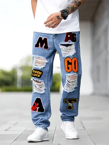 Men's Letter Patched Ripped Jeans, Casual Street Fashion Denim Jeans for Daily Wear, Mens Bottoms for All Seasons, Graphic Jeans