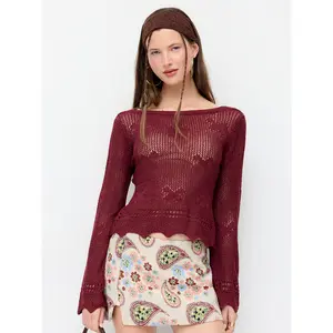 Cider Knit Crochet Boat Neck Bell Sleeve Knotted Cut Out Backless Top