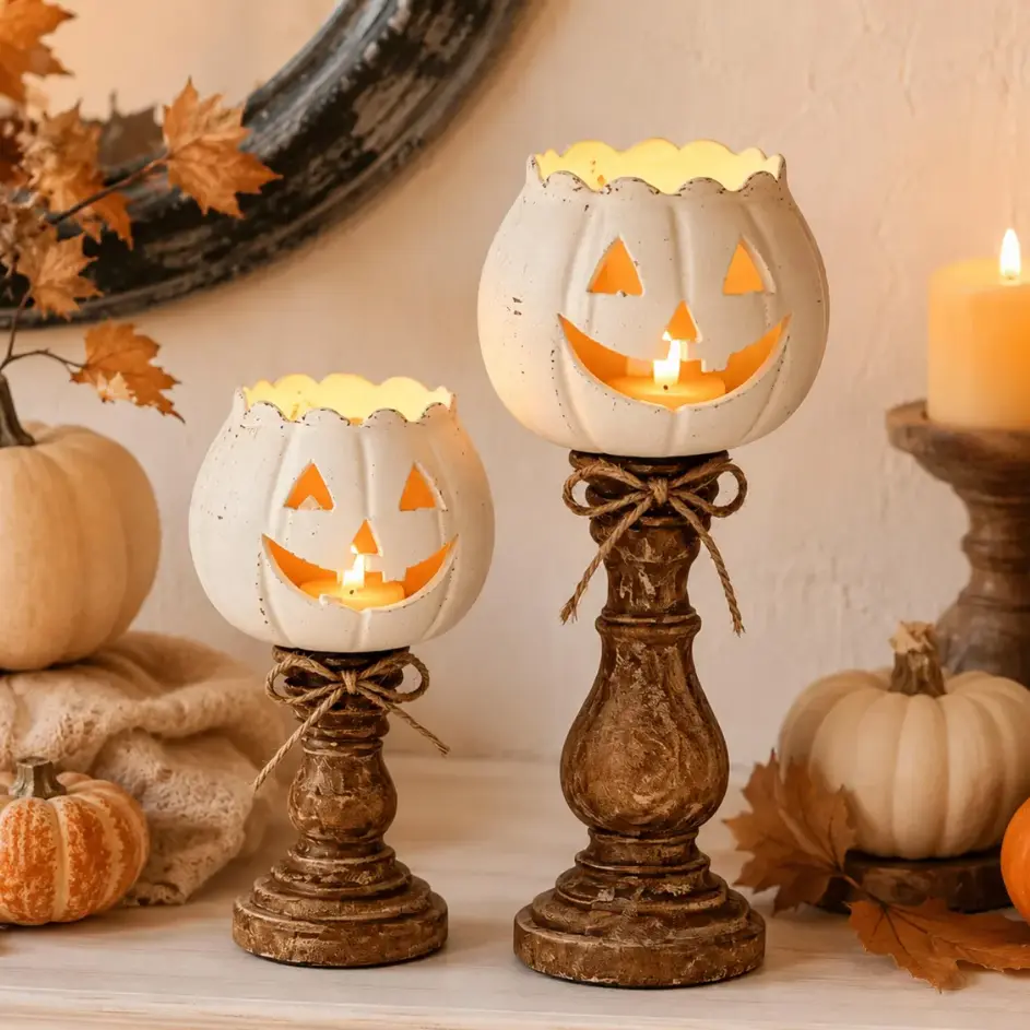 Halloween White Pumpkin Candle Holder Set, Vintage Distressed Lantern Tealight Holders with Rustic Wooden Pillar Bases & Twine Bow, Indoor Tabletop Decor for Mantel Dining Party Prop Distressed, Rustic Pumpkin Halloween Decor, Tall or Short