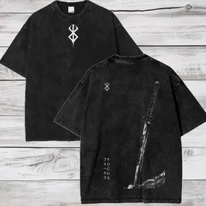 Anime Vintage Washed Katana Tee, Minimal Grunge Shirt, Gift for Anime Fans UHQ