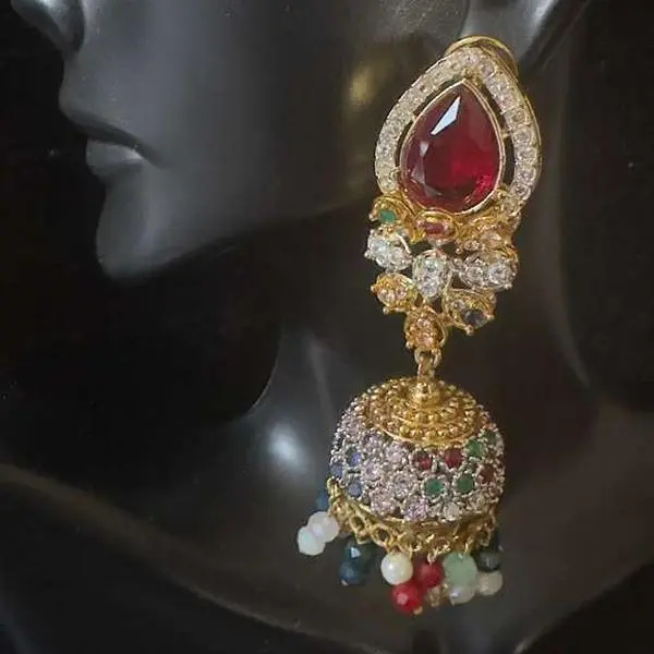 Women's Elegant Pakistani Brass Zarcoon Jhumka Drop Earrings, Female Fashion Costume Jewelry Accessory (Note: Choking hazard - small parts)