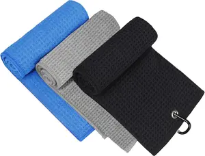 3 Pack Golf Towels, Microfiber Golf Towels (16"x16") for Golf Bag with Carabiner Clip, Tri-fold Waffle Pattern Golf Towel, Blue, Black and Gray