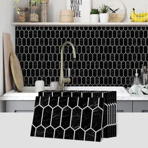 6/12/24/48PCS FG Retro Tile Stickers | PVC Crystal Film Pure Black Marble Hexagon Pattern | Rectangle Peel & Stick Backsplash | Self-Adhesive Waterproof Oil-Proof for Kitchen Bathroom Floor Tile Wooden Surface Home Decor