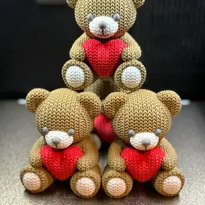 Crochet Style Teddy Bear with Heart – 4.1” 3D Printed Kawaii Bear – Valentine Gift – Cute Romantic Desk Decor Teddybear