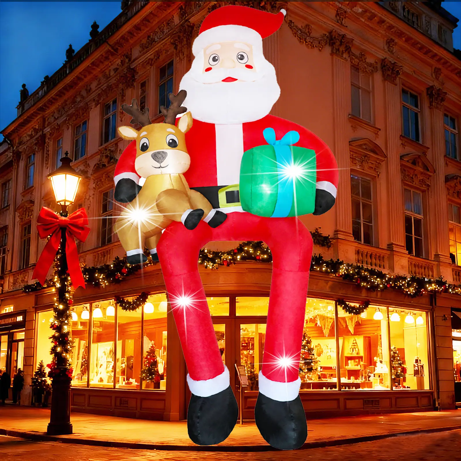 10 FT Christmas Inflatable Outdoor Decoration Giant Sitting Santa Claus Christmas Inflatables with LED Lights Climbing Santa Inflatable Blow Up Yard Decorations for Xmas Roof Eaves Lawn