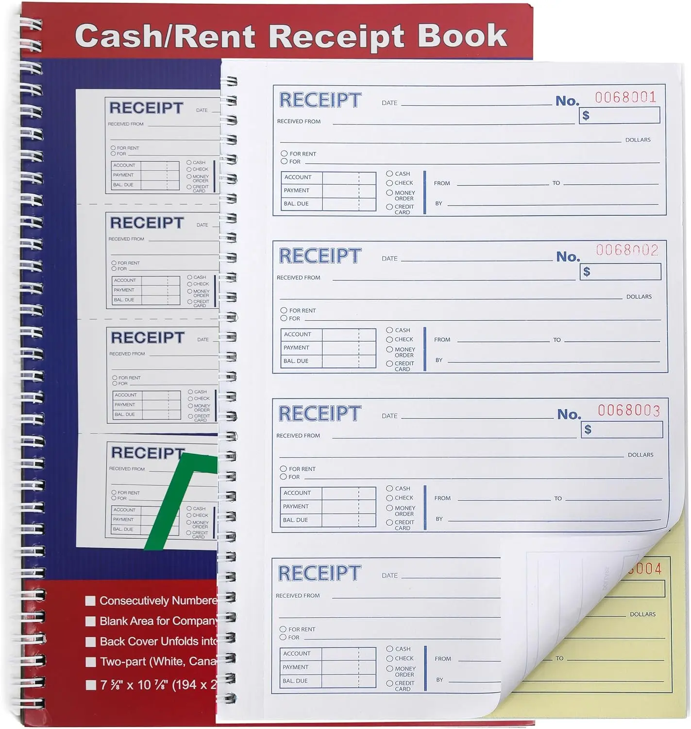 Carbonless Rent Receipt Book, 2-Part Accounting Supplies, 7-5/8" x 11" Spiral Bound, 200 Sets per Book, 4 Receipts per Page (1 Pack)