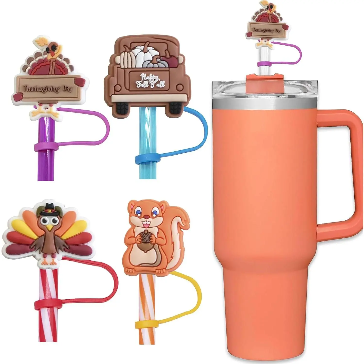 Thanksgiving Day Straw Covers,  Fall Straw Toppers Compatible with  30&40 oz Tumblers with Handle, Dust-Proof Turkey  Cup Accessories