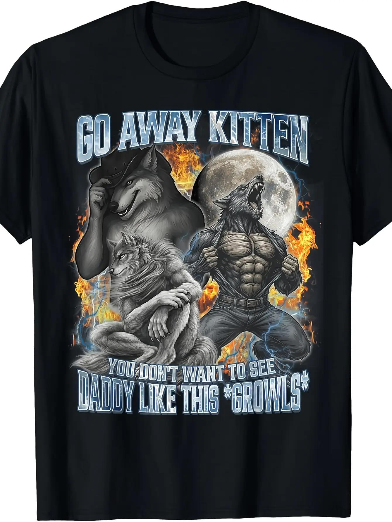 Retro Funny Offensive Werewolf Meme T-Shirt - Go Away Kitten Bootleg Graphic Tee Suitable for Casual Wear, Machine Washable Round Neck Shirt with Iconic Werewolf for Parties & Everyday Outfits