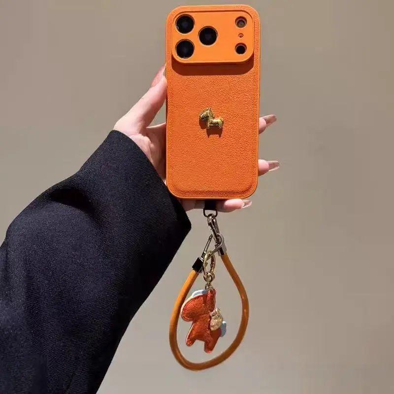 Red Gold Horse New Year iPhone 17 Pro Max Case with Lanyard for 16 15 Pro 14 Luxury Lychee Pattern Shockproof Soft TPU Bumper Cover