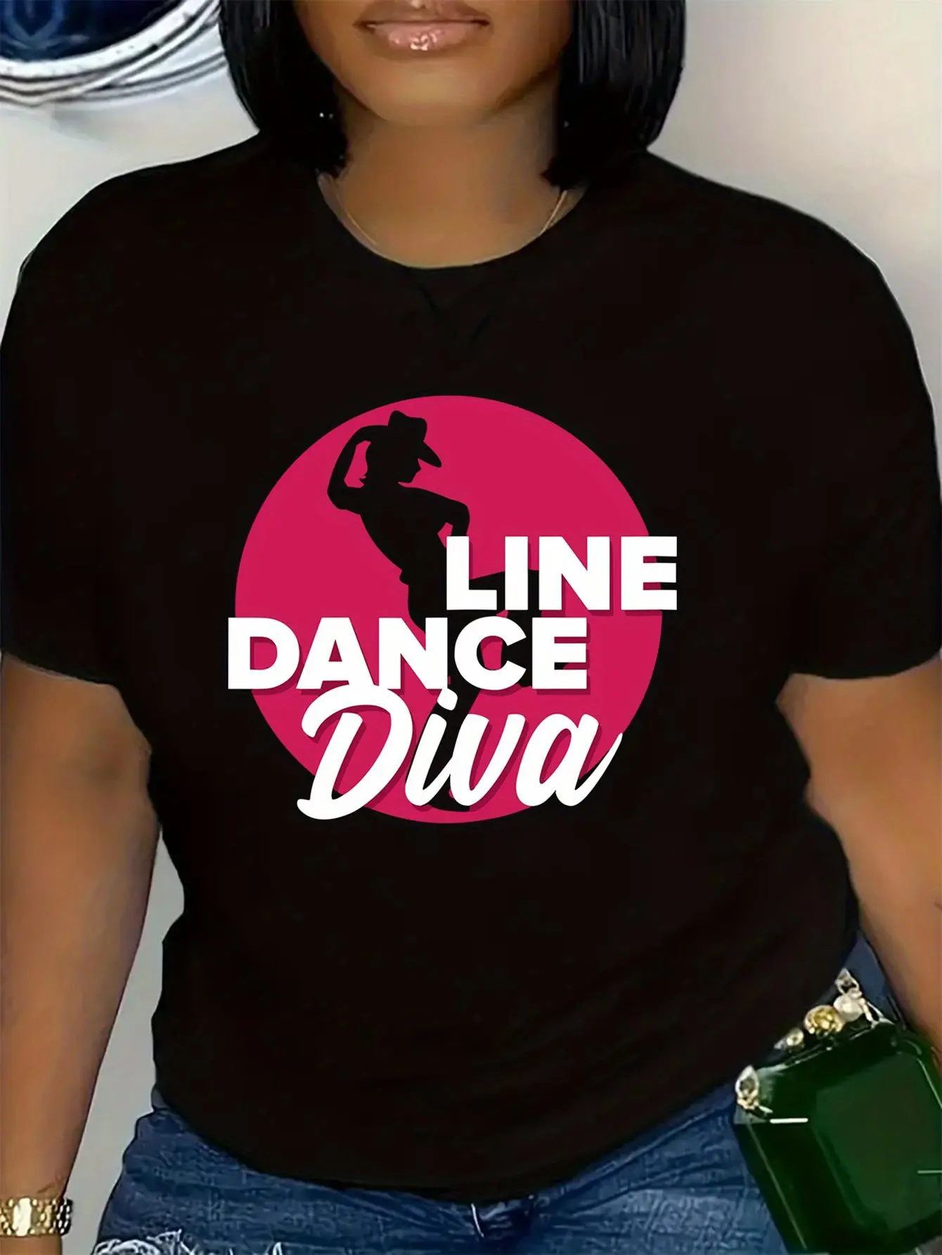 Women's Plus-Size Line Dance Diva T-Shirt (Sizes 0XL-4XL) - Soft Stretchy Crew Neck Short Sleeve Top with Casual Geometric Dance Pattern, All-Season Comfortable for Line Dancing, Fitness Classes & Casual Attire - No Bulk Underneath