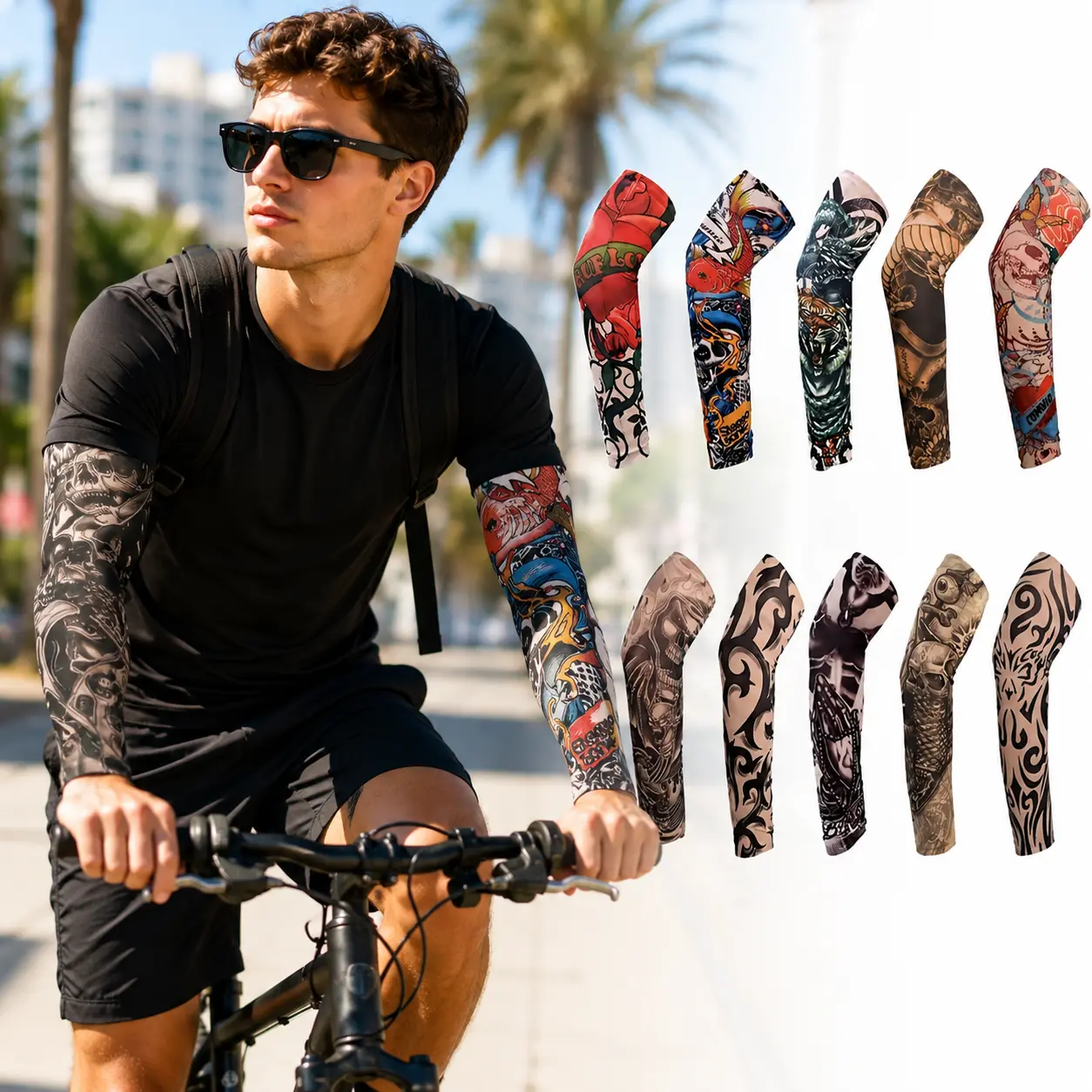 Breathable Knit Sports Arm Sleeves, 10Pcs Temporary Tattoo Arm Sleeves for Men and Women, Slip‑On Cooling Fake Tattoo Sleeve Covers with Tiger Dragon Skull Mixed Designs