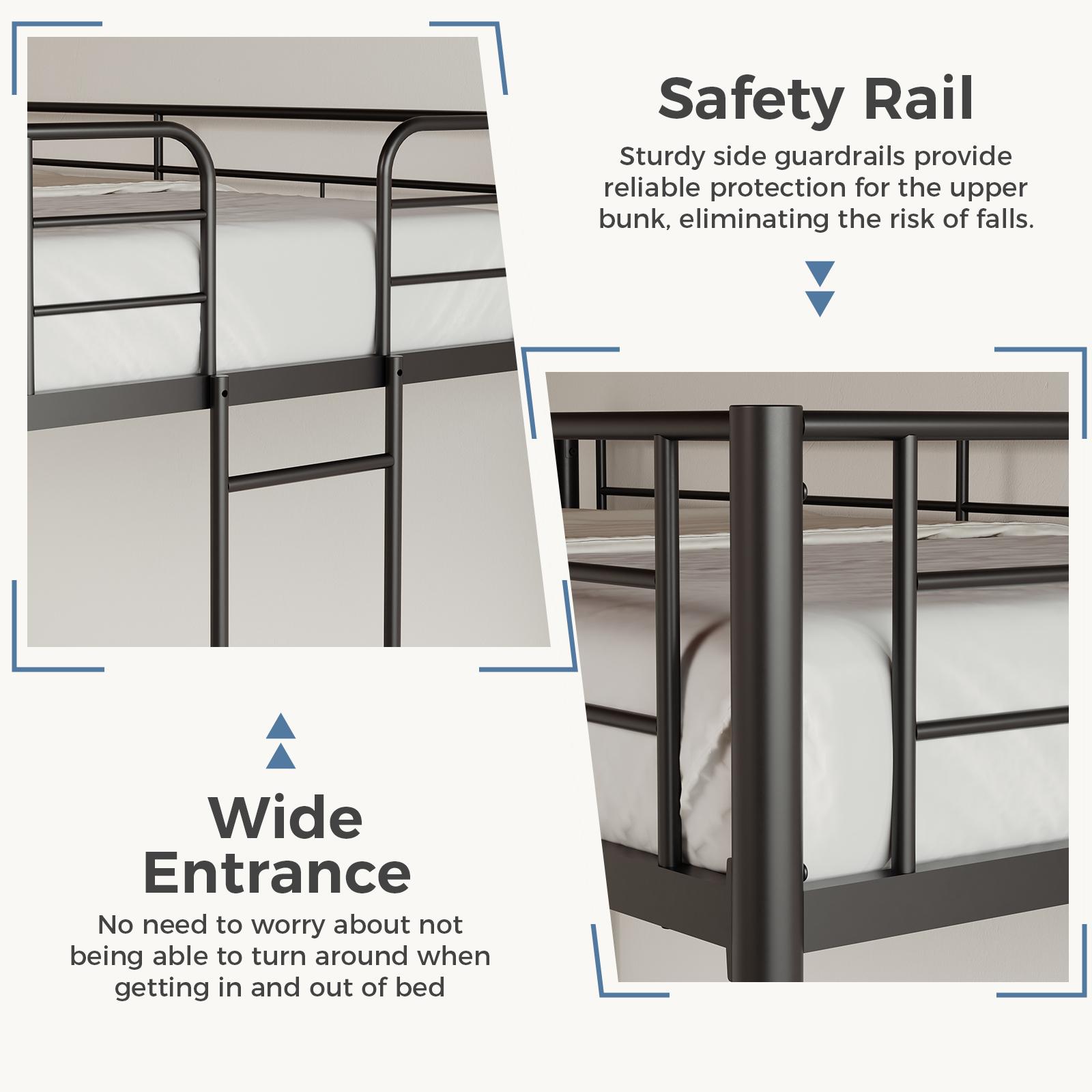 Bunk Bed Twin Over Twin ,Metal Bed Frame, Heavy Duty Bunk Beds, Bunkbed, Double Bed, Individual Twin Bed, Stackable Bunker Bed， With Removable Ladder Safety Guardrail (Black)Metal double-layer bed with stairs and safety railings, sturdy steel frame