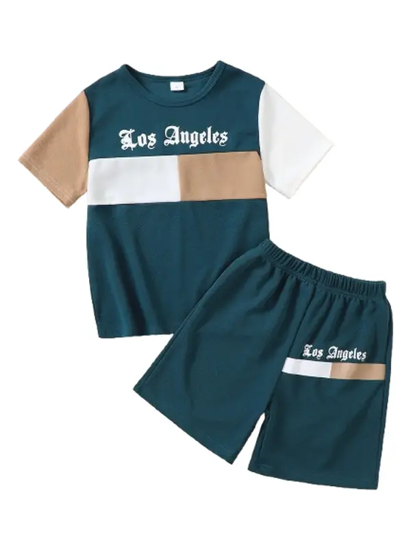 Boys Colorblock Gothic Letter Print T-shirt and Shorts Set 2Pcs Summer Clothing From 8-12Y,Ready Stock 42510093 Casual Set Suit Vest Youth Kits