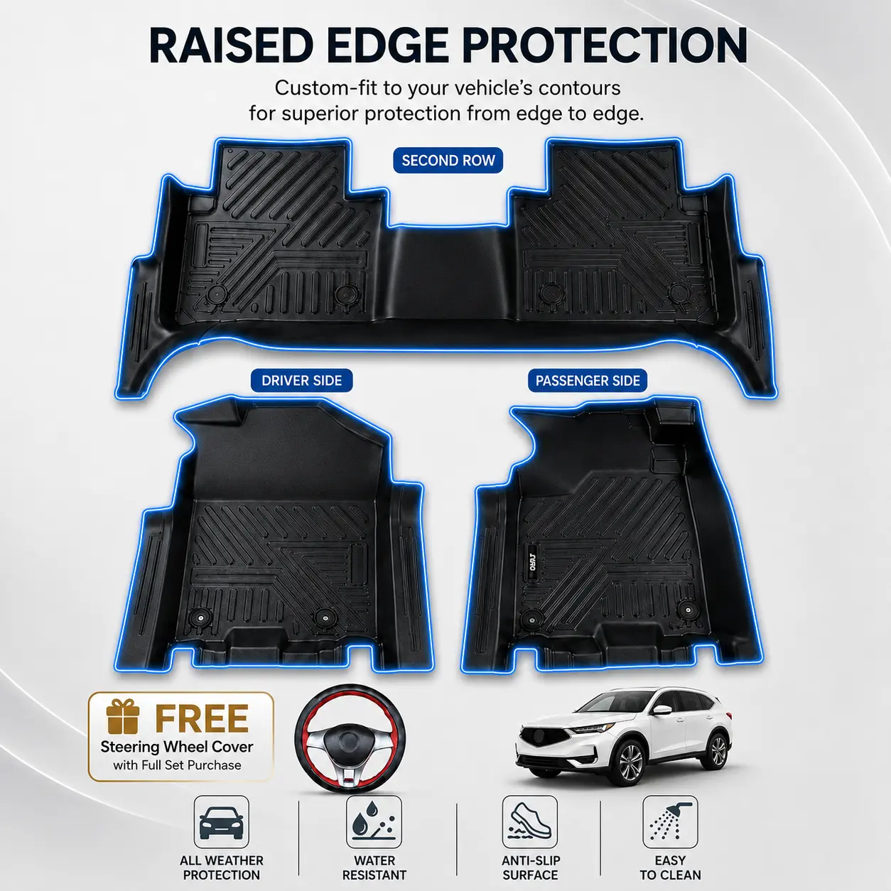 3Pcs Custom-Fit 3D Molded TPE Full Set Floor Mats for 2025 Acura MDX, Driver-Passenger-Rear 1-Piece, All-Season Anti-Slip Deep-Groove Water-Resistant Washable Car Interior Liners