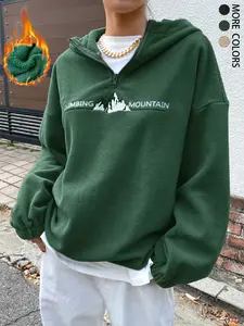 Women's Mountain & Letter Embroidery Half Zip Drop Shoulder Fluffy Casual Basic Hoodie, Fall/Winter Clothes，Christmas Sweatshirt